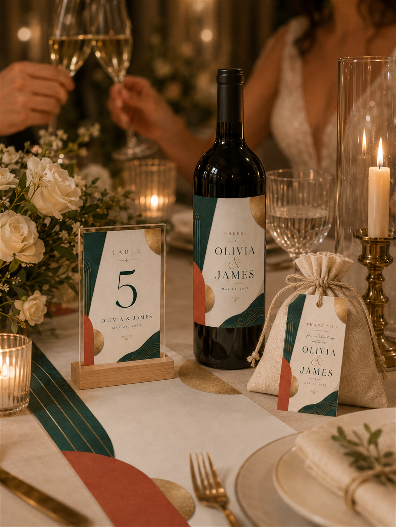 Emerald green and terracotta rust wedding decorations - abstract curved shapes for a modern and luxurious wedding - custom names and dates